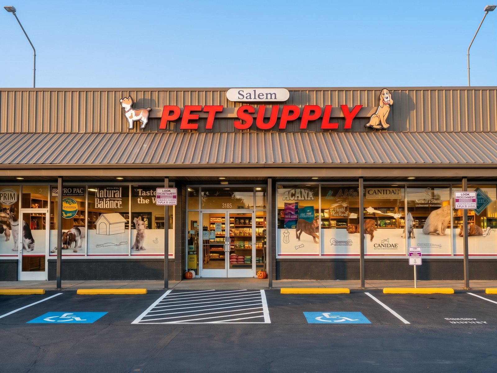 The Salem Pet Supply storefront on Market Street: red “Pet Supply” letters with a cat and a dog on the sign, big windows over the parking lot